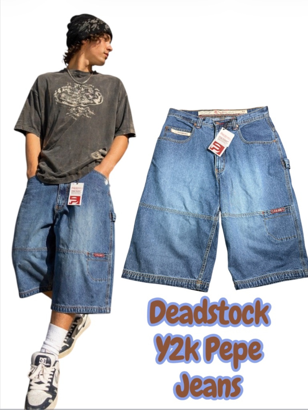 Pepe Jeans London Y2K Carpenter Jorts Deadstock Denim Shorts Size 32 Baggy